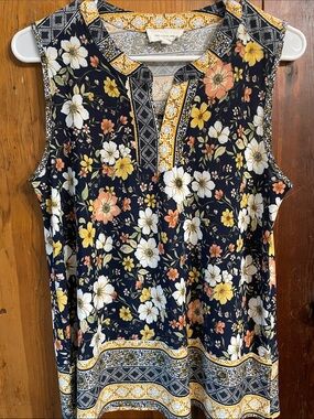Sleeveless Floral Print Camisole in Navy with Yellow & Peach Accents
